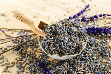 Porcelain bowl with dried lavender. Flower herbal tea drink. Aromatherapy, medicine ingredient....