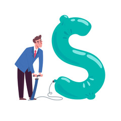 A man inflating up a dollar, a balloon. The concept of inflation, inflation of the money bubble, uncontrolled emission of money. Vector illustration of the issue financial system, flat style. Isolated