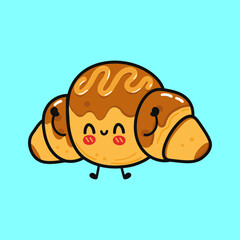 Cute funny croissant character. Vector hand drawn cartoon kawaii character illustration icon. Isolated on blue background. Сroissant character concept