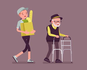Senior with walker, aged handicapped man and male volunteer helping. Elderly citizen social support, courier carrying food bags, shop, market delivery service. Vector flat style cartoon illustration