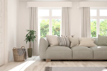 White living room with sofa and summer landscape in window. Scandinavian interior design. 3D illustration