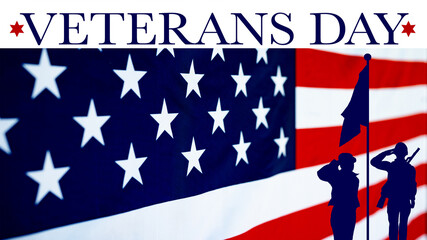 Veterans Day background poster banner greeting card background template - American flag and silhouette of armed american soldiers, isolated on rustic wood texture, wooden table, top view