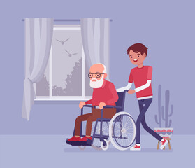 Wheelchair senior, aged handicapped man with male nurse at home. Older adult care, volunteer nursing, assistance, charity, disability social support service. Vector flat style cartoon illustration