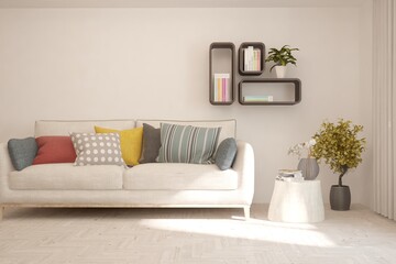 Soft color living room with sofa. Scandinavian interior design. 3D illustration