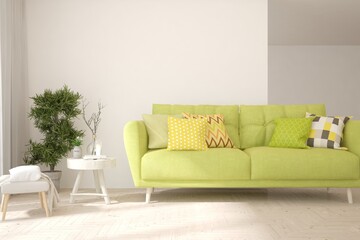 White living room with sofa. Scandinavian interior design. 3D illustration