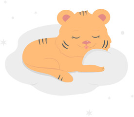 A little tiger cub, baby is sleeping on a cloud. Children's cute vector illustration, print, sticker for cover, textiles, poster, children's room, nursery.