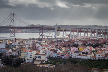 Panoramic view of Lisbon city in winter day with 25 de Abril bridge in the background.