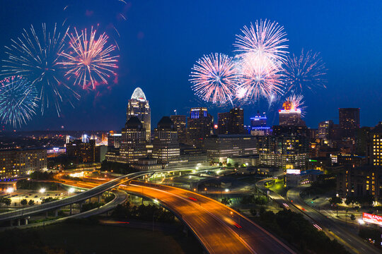 Cincinnati fireworks wide panorama with downtown city view