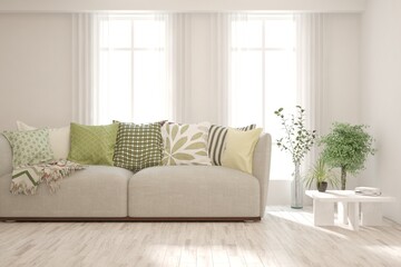 White living room with sofa. Scandinavian interior design. 3D illustration