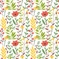 Bright seamless pattern with сartoon flowers, plants and branches.