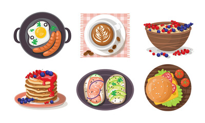 Cartoon set of classic breakfasts: coffee, scrambled eggs, pancakes, porridge, sandwiches.