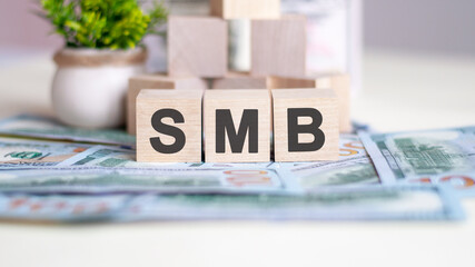 smb concept with wooden blocks, light wooden cubes signs, symbols signs, business office