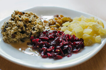 Ingredients for making muesli. Healthy food concept.