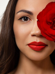 Fototapeta na wymiar Half Beauty closeup of women full red lips with shiny skin and long hair. Facial skin care in a spa salon or cosmetology and a fashionable natural lip gloss or lipstick. Evening makeup with big flower