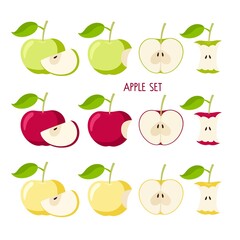 Apple set. Flat icon red, yellow, green Apple fruit with leaf. Whole, bitten, cut, core. Farmer Market Logo. Organic food eco template for menu, apple jam and juice label, tea banner, fruit product