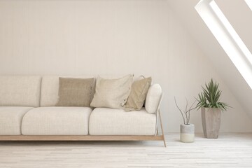 Soft color living room with sofa. Scandinavian interior design. 3D illustration
