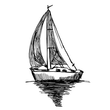 Vector hand drawn sketch illusration of a ship on the water. Drawing.