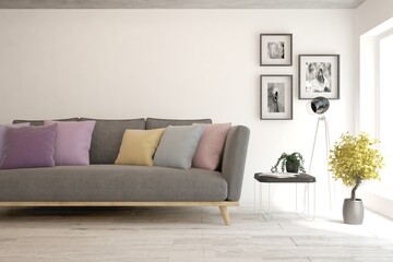 White living room with sofa. Scandinavian interior design. 3D illustration