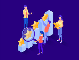 The team enhances the reputation of the business. Reputation management, reviews. 5 stars, company growth. Vector isometry
