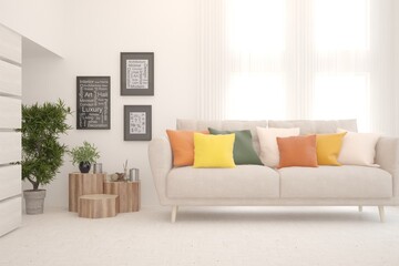 Soft color living room with colorful sofa. Scandinavian interior design. 3D illustration