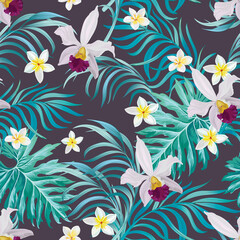 Tropical vector pattern. Exotic style. Seamless botanical print for textile, fabric on dark background, wallpaper.