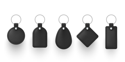 Realistic black leather keychains with metal ring vector illustration. Set of holder trinket to key - obrazy, fototapety, plakaty