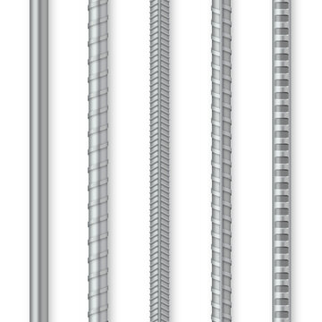 Collection metal rebars realistic vector illustration. Ornamental smooth of iron bars for building