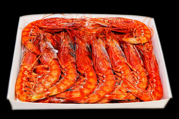 italian red prawns or shrimps known as gambero rosso arranged in a packet - obrazy, fototapety, plakaty