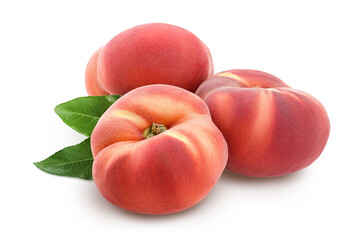 Ripe chinese flat peach fruit with leaf isolated on white background with clipping path and full...