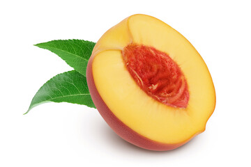 Fototapeta na wymiar Ripe peach fruit half isolated on white background with clipping path and full depth of field