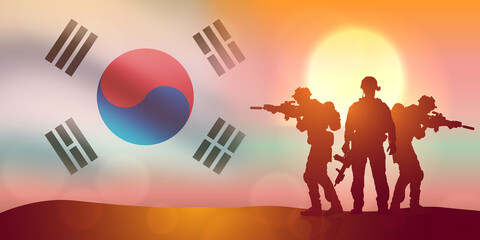 Silhouette of a soldiers against the sunrise. Concept - protection, patriotism. Armed forces of...