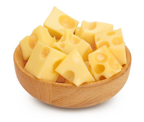 cubes of cheese in wooden bowl isolated on white background with clipping path and full depth of field