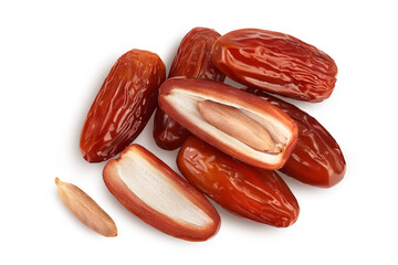 Dates isolated on white background with clipping path. Top view. Flat lay