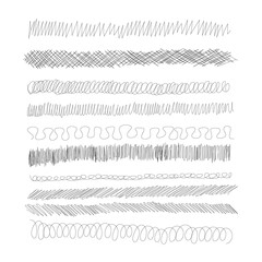Ink pen scrawl borders collection - various rows of hand drawn scribble line drawings.