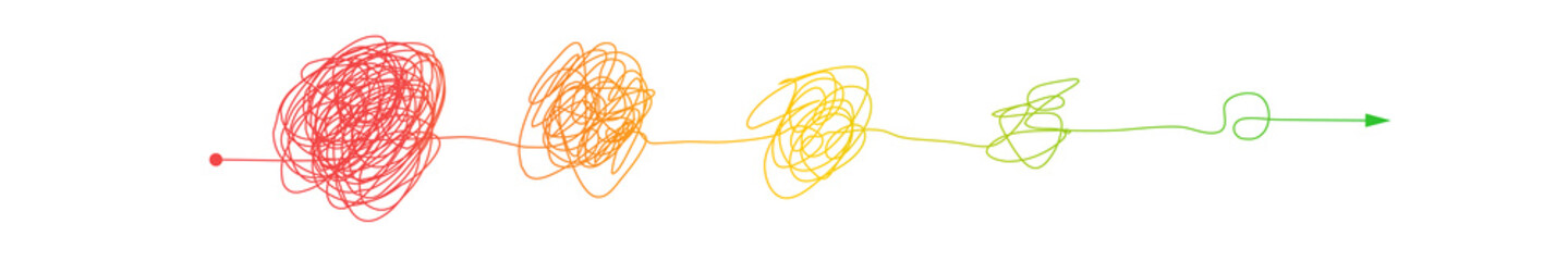 Messy clew symbols connected with direction arrow - complex to simple line path.