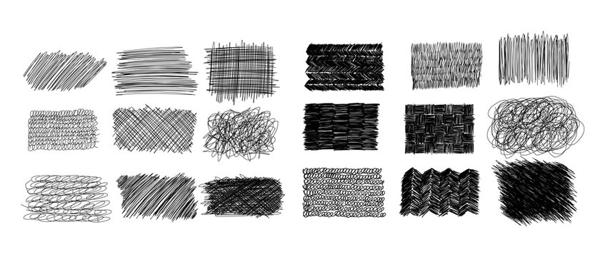 Ink pen scrawl collection - various rectangular shapes of hand drawn scribble line drawings.