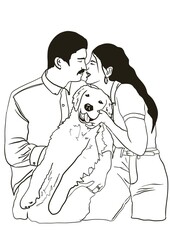 Simple line illustration. Happy family moment’s staying at home with dog. Kissing couple and a Labrador. 