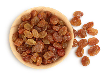Brown raisins in wooden bowl isolated on white background with clipping path. Top view. Flat lay