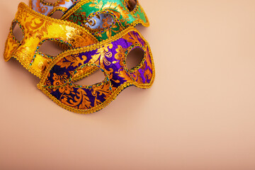Carnival masks on color background. Purim celebration concept (jewish carnival holiday). Masquerade...