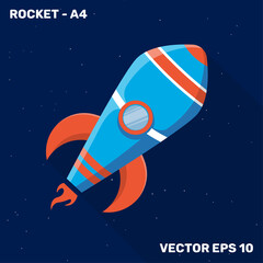Rocket illustration, flat design rocket with orange and blue color of shapes suitable for children's themes.