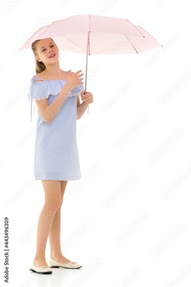 Wall mural Beautiful Teen Girl Standing with Opened Umbrella