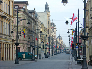City panorama with beautiful architecture. Street in Polish town