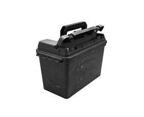 Plastic box with a handle and additional compartments for various small items. Tool box for fishing or hunting accessories. Isolate on a white back