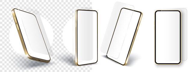 Realistic smartphone mockup. Device UI UX mockup template.Glass screen protector or glass cover. Vector illustration of transparent tempered glass shield for mobile phone. Realistic black smartphone.