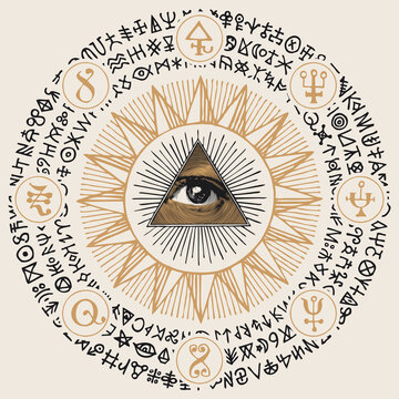 Vector banner with an all-seeing eye inside the sun, esoteric signs, magic runes, alchemical and masonic symbols written in a circle. Decorative hand-drawn illustration in retro style