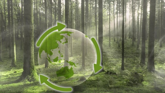 Concept environment nature trees in the forest with a 3d green earth planet and artistic recycle arrow icon rotation.