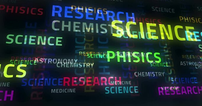 Science text abstract loop concept of research and phisics. Seamless, endless and looping 3d words animation.
