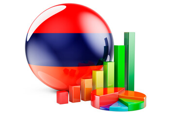 Armenian flag with growth bar graph and pie chart. Business, finance, economic statistics in Armenia concept. 3D rendering