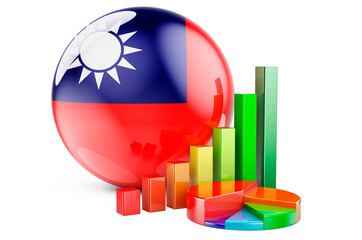 Taiwanese flag with growth bar graph and pie chart. Business, finance, economic statistics in Taiwan concept. 3D rendering