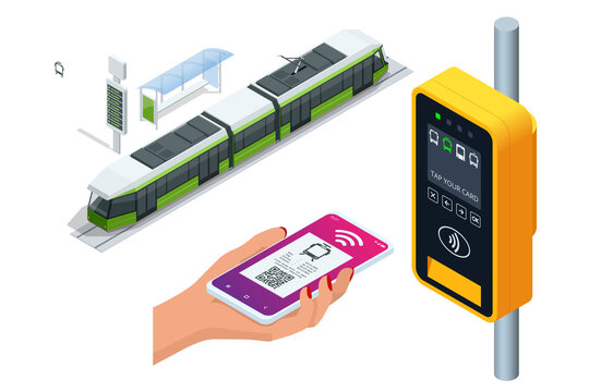 Isometric city tram with electronic ticket validation machine. Woman paying conctactless with smartphone for the public transport in the tram